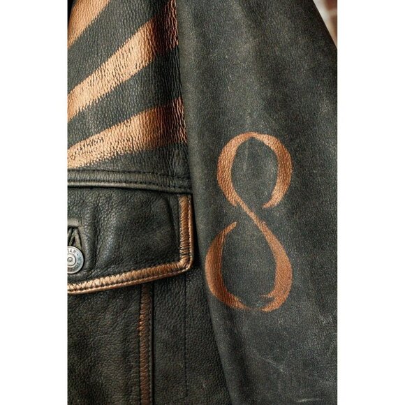 Vintage smoke gray distressed leather bomber jacket rivet closures hand painted - Picture 10 of 13